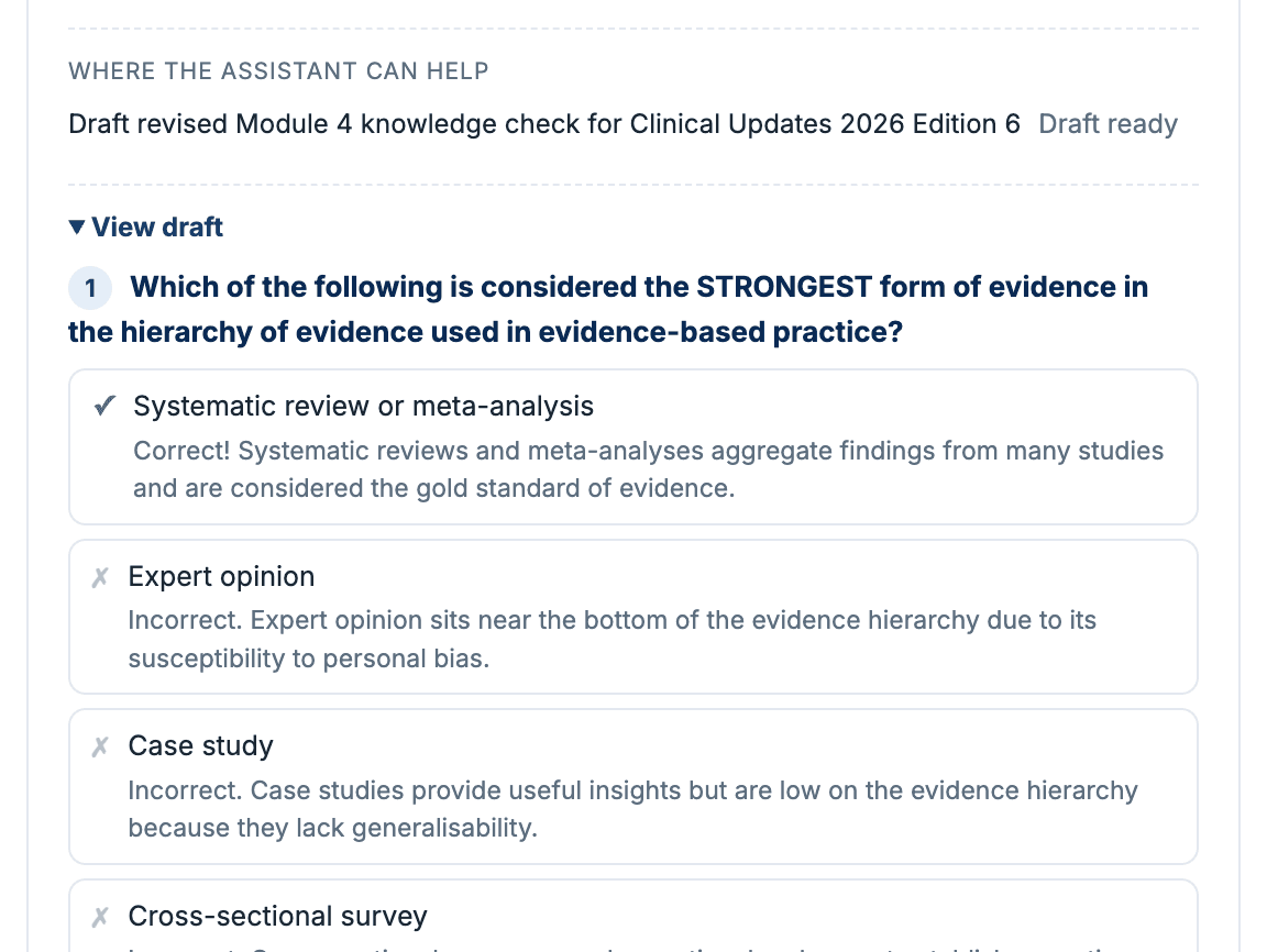 The drafted Module 4 knowledge check in the Clinical Updates 2026 Edition 6 course report, marked Draft ready, with its first question and answer feedback.
