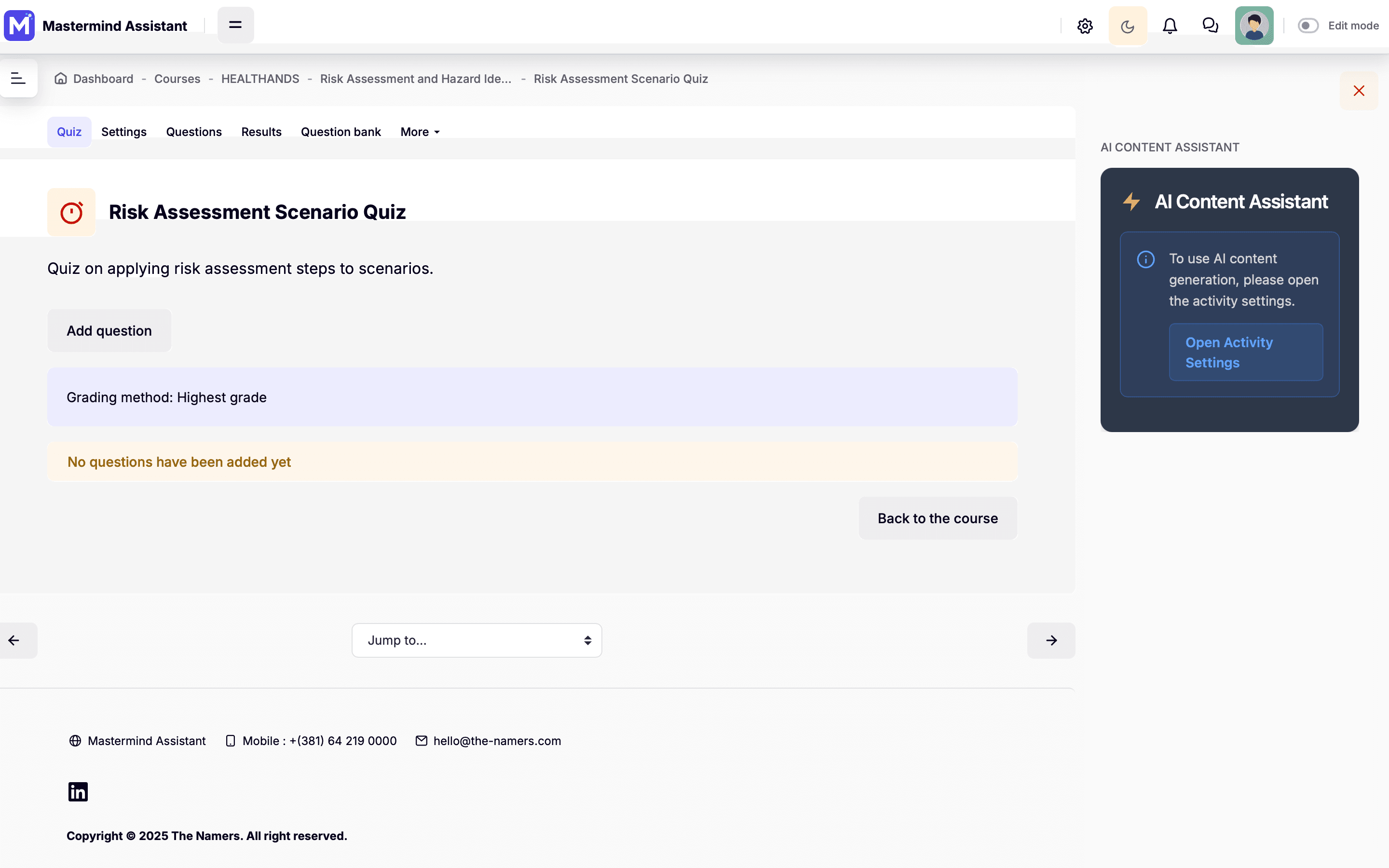Moodle course page with the existing Create activity button highlighted