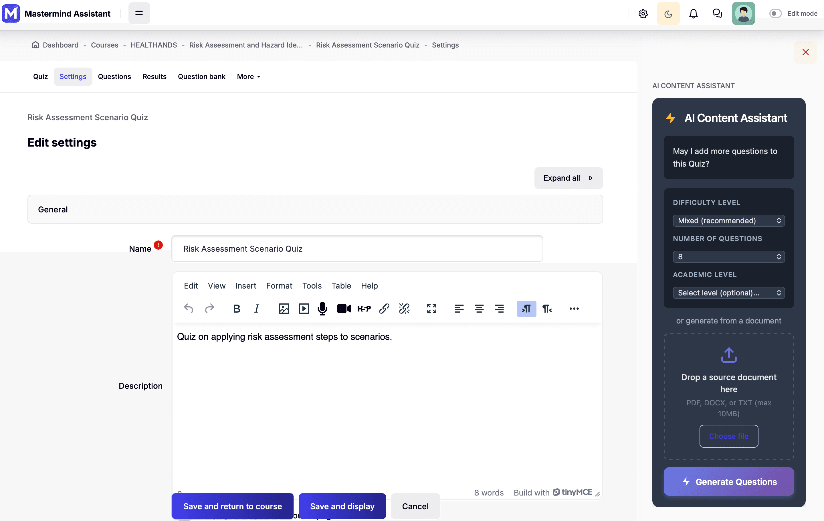 Quiz generation form with topic, learning outcomes, and document upload fields